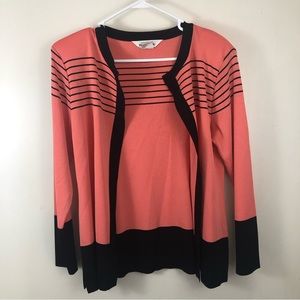 Misook Open Front Cardigan Coral Pink and Black Stripe Colorblock Size Small